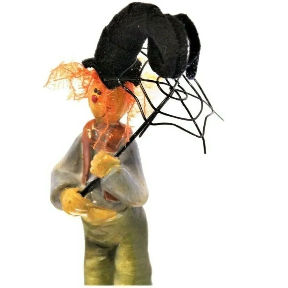 Clown Pumpkin Head Figurine Primitive Vintage Resin Shabby Umbrella & Fuzzy Hair